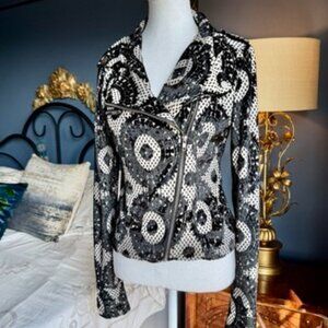Beige w Black Velvet Baroque Pattern Moto Jacket